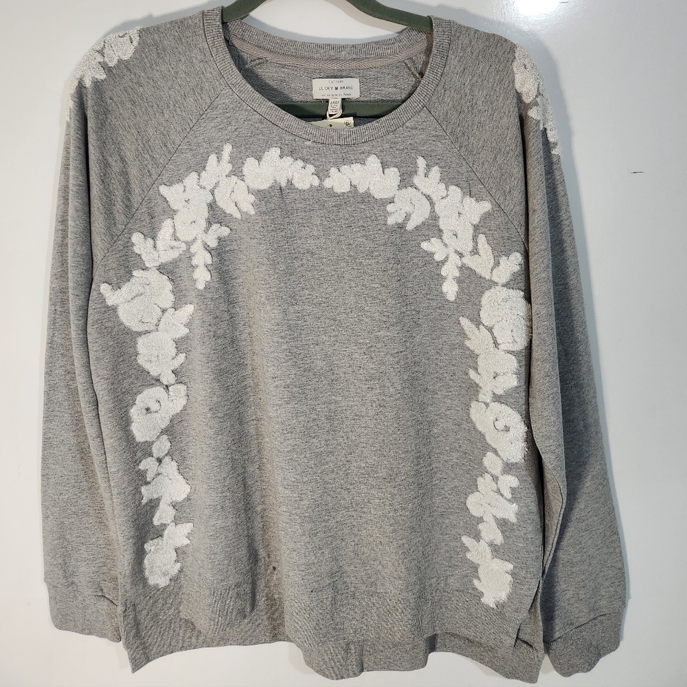 LUCKY Brand Gray Sweatshirt with White Floral Design, NWT, Size Med